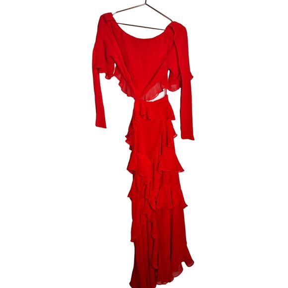 FAME & PARTNERS Red Chiffon Ruffle A-Line Mid-Cut Out Marse Gown Dress Size 2 - Picture 9 of 16